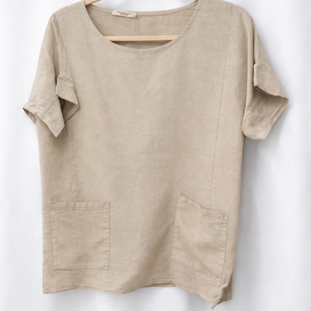 Francesca’s Bettini 100% Linen Beige Top | Relaxed Fit Patch Pocket Blouse - Picture 2 of 5